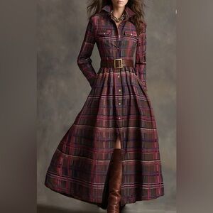 Oryosy Retro Elegant Classy Lapel Reddish Brown Plaid Maxi Dress w/ Pockets